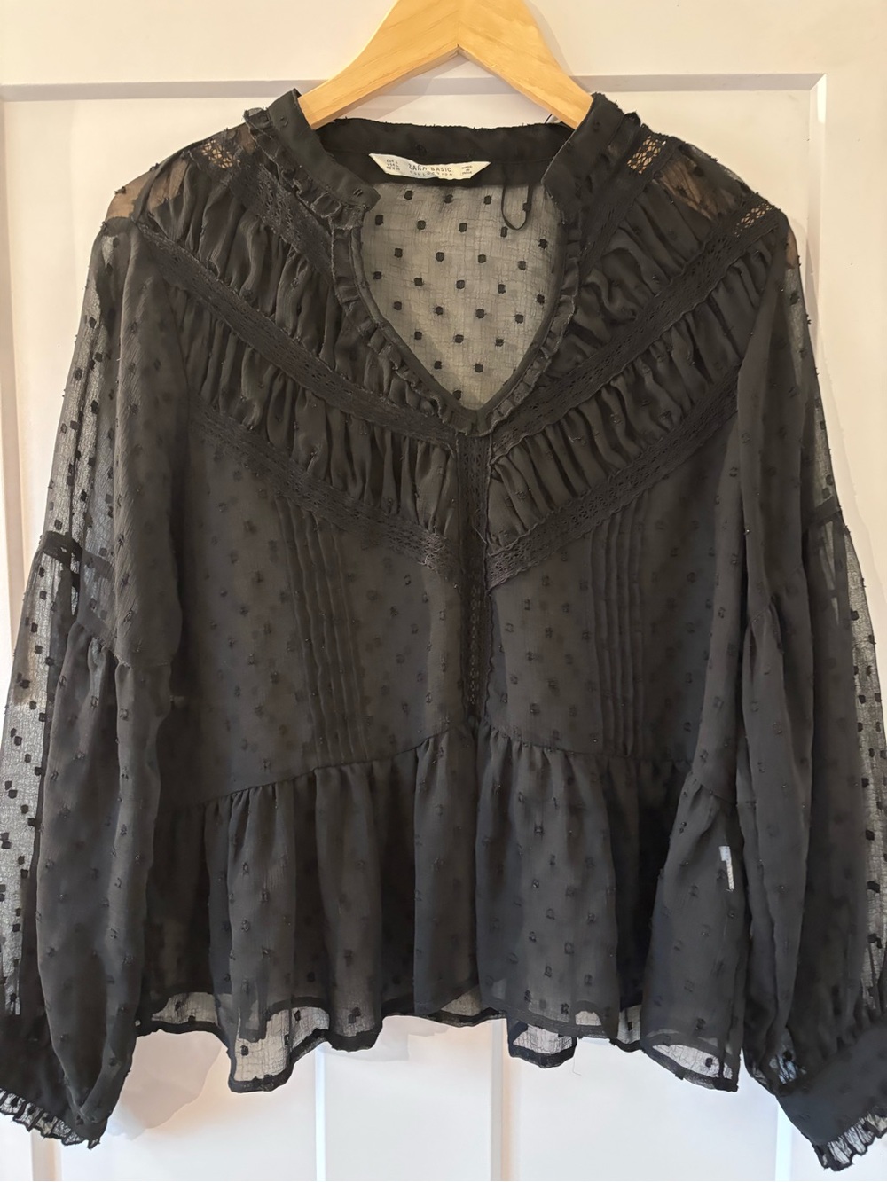 Zara Black Sheer Swiss Dot Ruffle Blouse